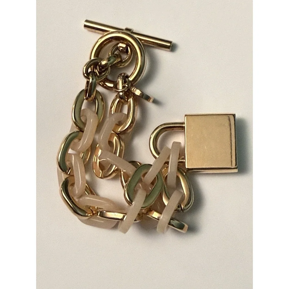 Michael Kors Gold Padlock Charm Toggle Bracelet Pink Acetate Chunky Chain Unique